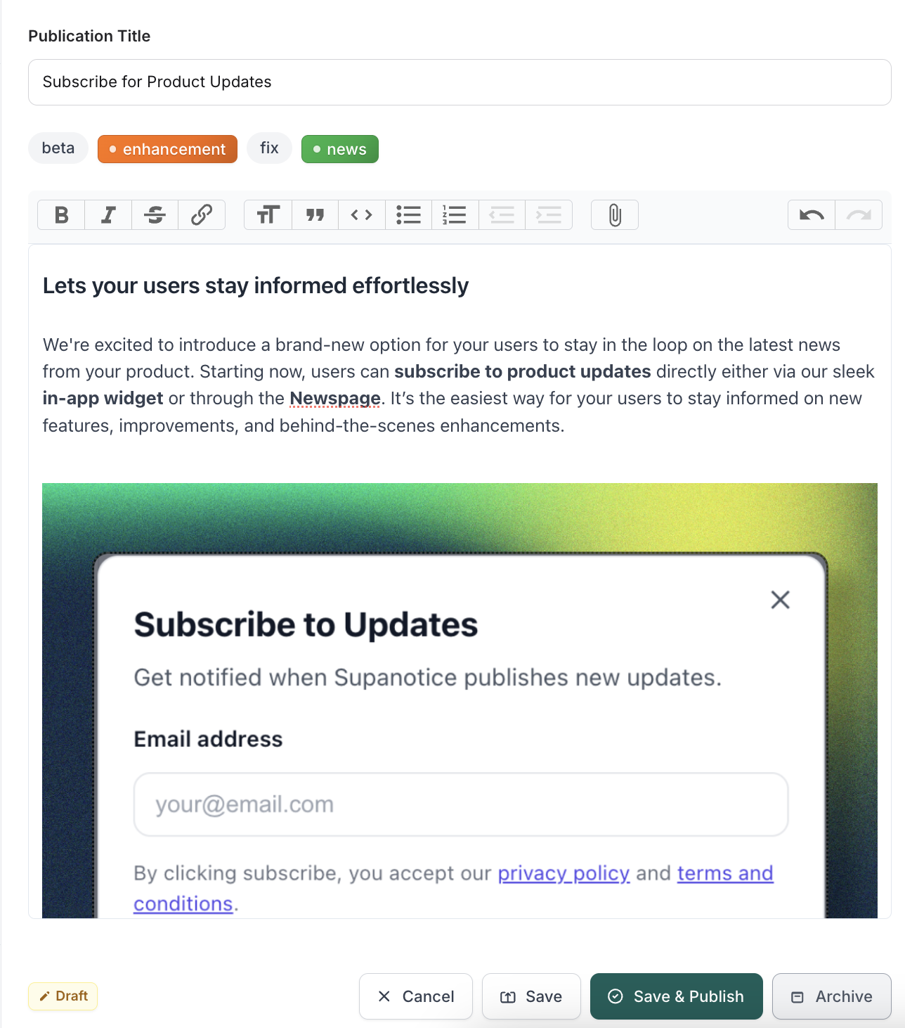 Publication editor interface showing content creation tools
