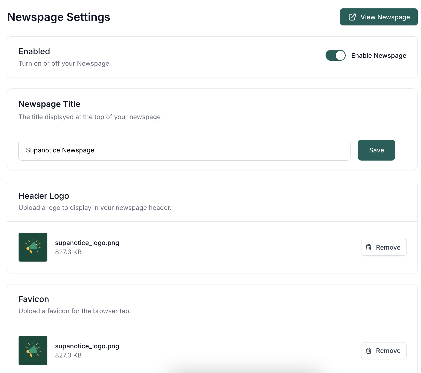 Newspage settings interface showing brand customization options