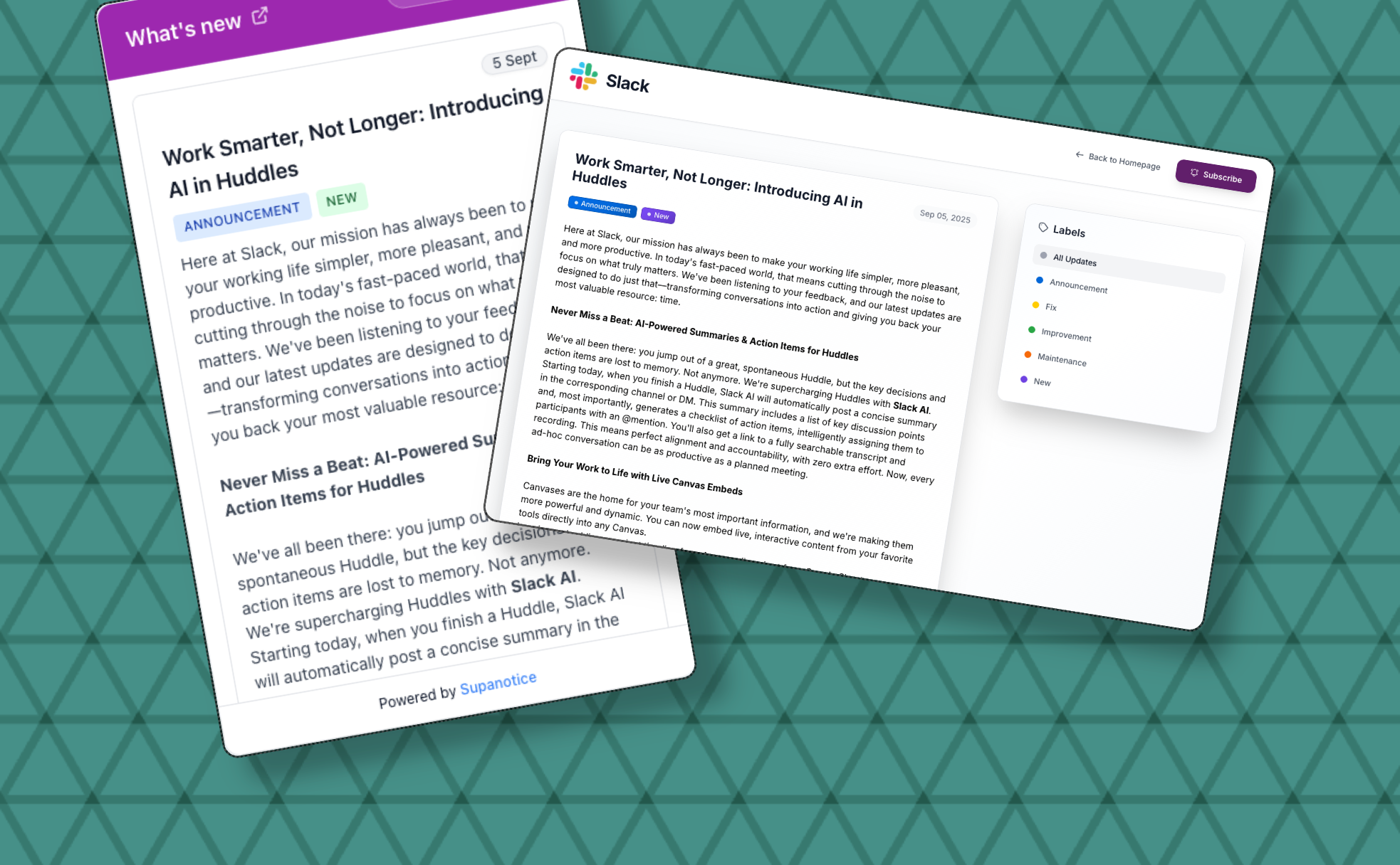 Slack newspage example showing team communication updates