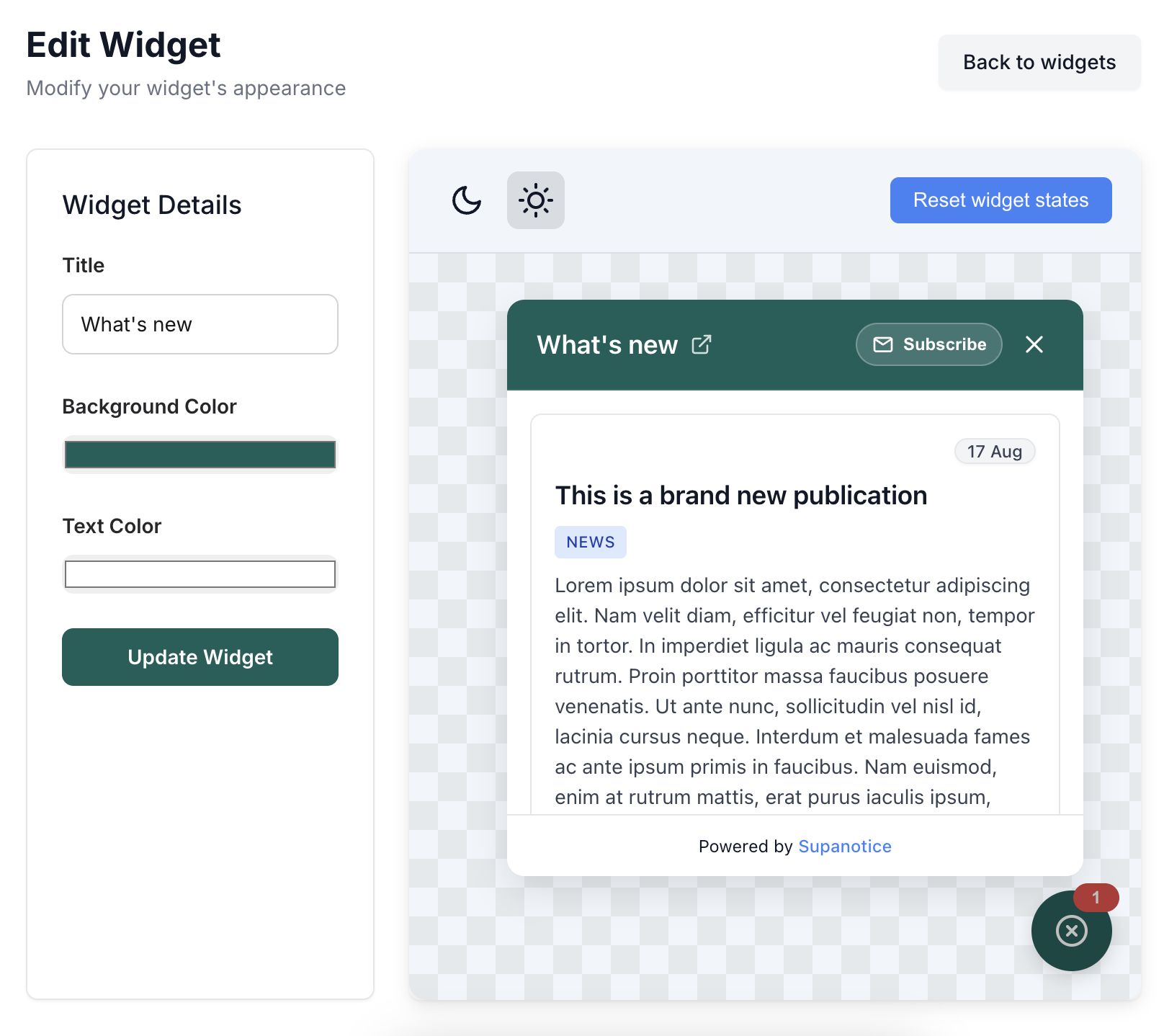 Widget settings interface showing customization options